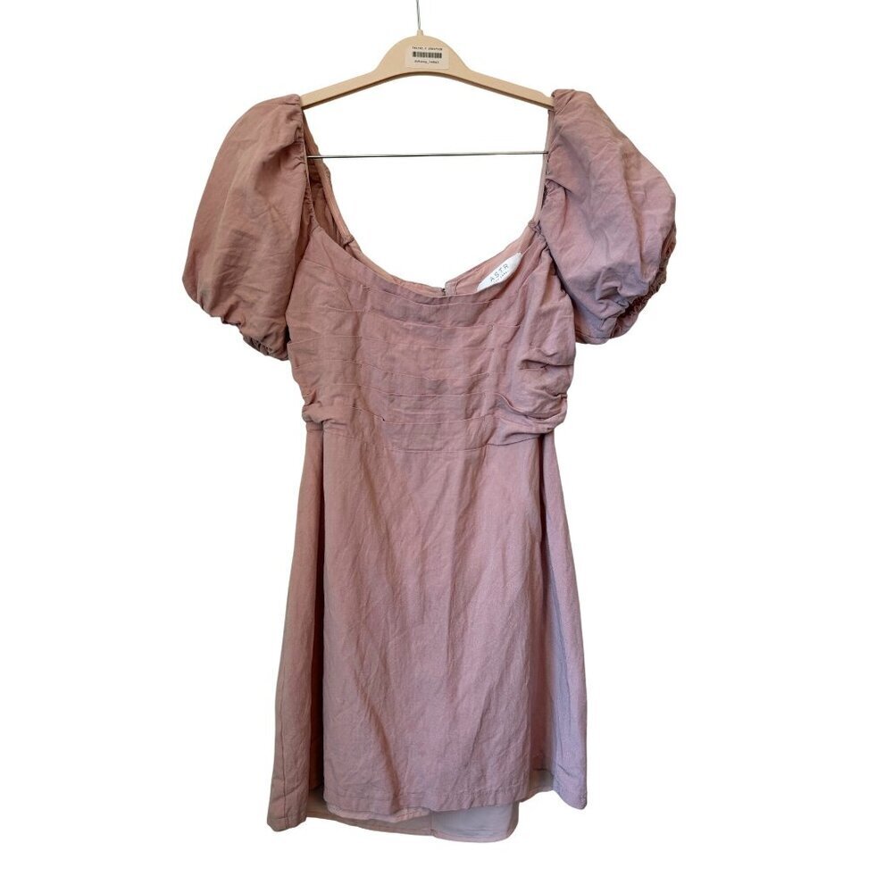 ASTR The Label Dusty Rose Puff Sleeve Mini Dress Ruched Bodice, Open Back Size L